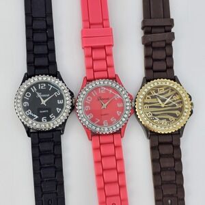3X Women Watch 38MM Black Pink Orange Brown Dial Plastic Bands New Battery READ
